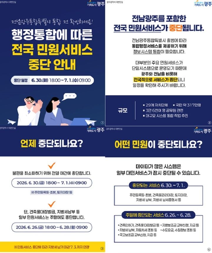 광주광역시가 7월 1일 전남광주통합특별시 출범을 앞두고 행정시스템 통합 작업을 실시한다. 6월 27일부터 주말과 야간에 정부24 및 무인민원발급기 서비스가 일시 중단된다