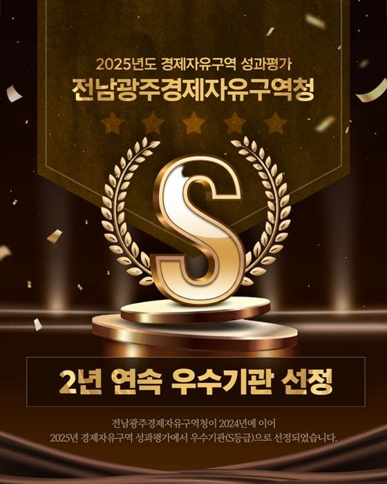 광주경제자유구역청이 산업부 주관 2025년 전국 성과평가에서 2년 연속 최고 등급인 S등급을 획득하며 AI·미래차 신산업 거점 위상을 다졌다.