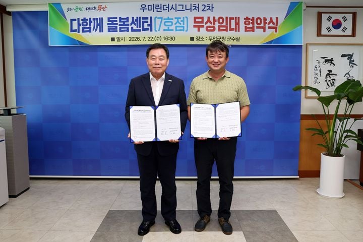 무안군이 오룡 우미린더시그니처2차와 다함께돌봄센터 7호점 무상임대 협약을 체결했다. 주민공동시설을 무상 확보해 오는 11월 개소를 목표로 운영에 나선다.