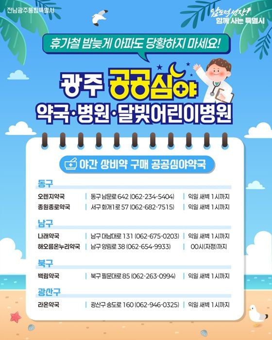 광주시가 여름 휴가철 의료 공백을 줄이기 위해 공공심야·달빛어린이병원 5곳과 공공심야약국 6곳을 운영한다