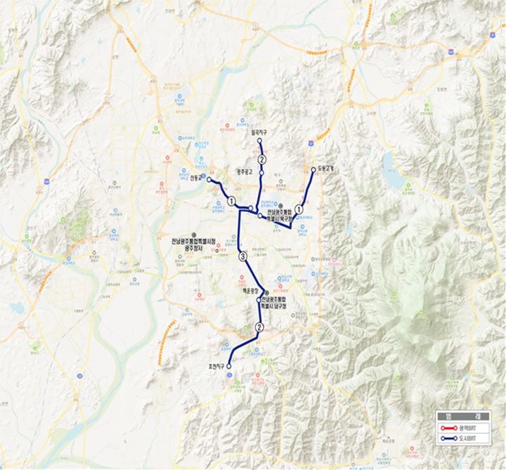 전남광주통합특별시 광주권 BRT 3개 노선이 국가 종합계획에 반영됐다. 총 1,508억 원을 투입해 운암-각화, 효천-일곡 등 신규 노선을 연계 구축한다.BRT 노선도