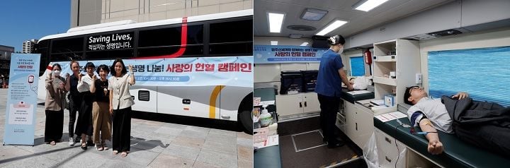 ㈜광주신세계가 12일 백화점 본관에서 폭염 및 휴가철 혈액 수급난 해소를 위한 단체 헌혈을 진행했다.