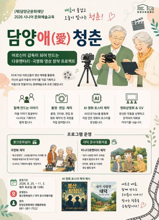 담양군문화재단이 8월 25일부터 시니어 영상 교육 '담양애청춘'을 운영한다. 65세 이상 어르신들이 극영화와 미니다큐를 직접 제작해 담빛영화관에서 상영회를 개최한다.