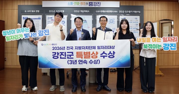 강진군이 고용노동부 주관 2026 전국 지자체 일자리대상에서 특별상을 수상해 3년 연속 수상 성과를 냈다. 청년고용률 115.9% 등 주요 고용 지표 목표를 일괄 초과 달성했다.