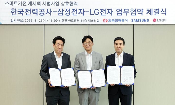 한국전력이 삼성전자, LG전자와 9~10월 주말 낮 시간대 가전 사용 시 1kWh당 100원을 지급하는 '스마트가전 캐시백' 시범사업을 시행한다.
