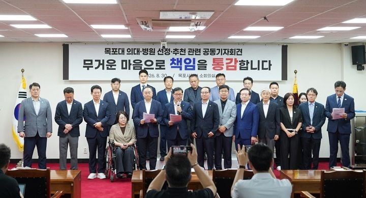 목포시 정치권이 목포대 의대 신설 후보 선정 무산에 따른 공동입장문을 내고 정부와 전남광주통합특별시에 후속 대책을 촉구했다. 이들은 서남권의 열악한 의료 지표를 근거로 정부 차원의 책임 이행을 요구하는 한편, 통합시에 대학병원급 거점병원 설립과 파격적인 인센티브 제공을 압박했다