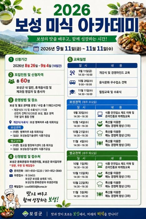 보성군이 최신 외식 소비 트렌드 대응과 지역 특산물 활용 메뉴 발굴을 위한 '2026 보성 미식 아카데미' 수강생을 9월 4일까지 모집한다.