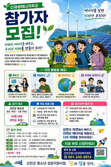 신안군청소년상담복지센터가 '2026 신재생에너지학교' 참가 청소년을 16일까지 모집한다. 자은도, 부안, 광주, 제주 탐방을 통해 진로 탐색 기회를 제공한다.