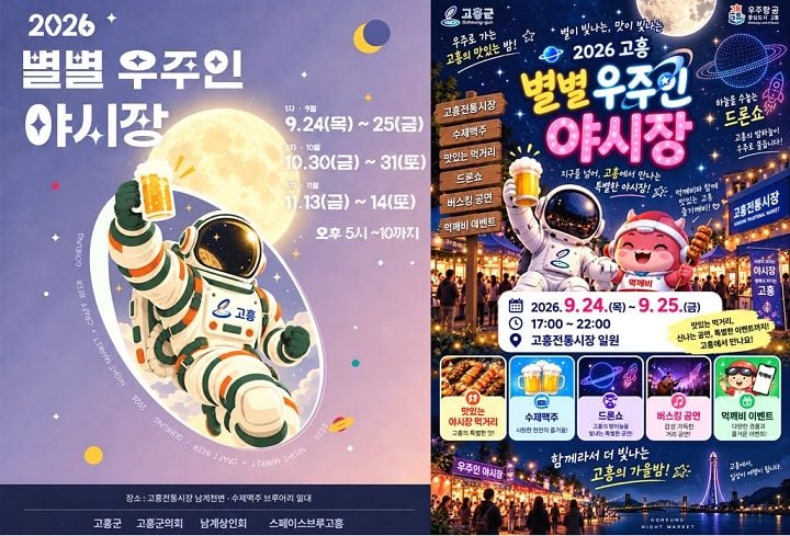고흥군이 9월 24~25일 고흥전통시장 일원에서 '별별우주인 야시장'을 개최한다. 2000대 드론쇼, 전통 낙화놀이, 수제맥주 이벤트, 먹깨비 지원 등 다채로운 프로그램을 운영한다.