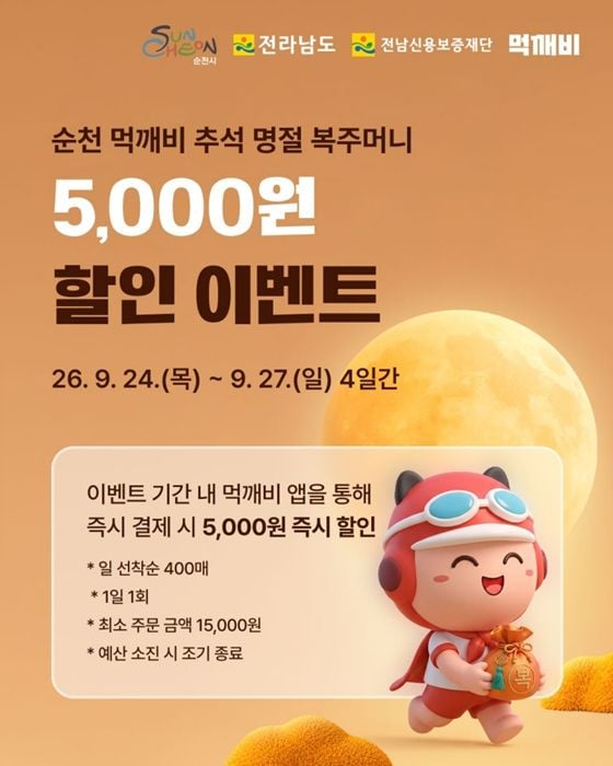 순천시가 추석을 맞아 24일부터 27일까지 공공배달앱 '먹깨비' 이용자에게 최대 8천 원 할인 혜택을 제공한다.