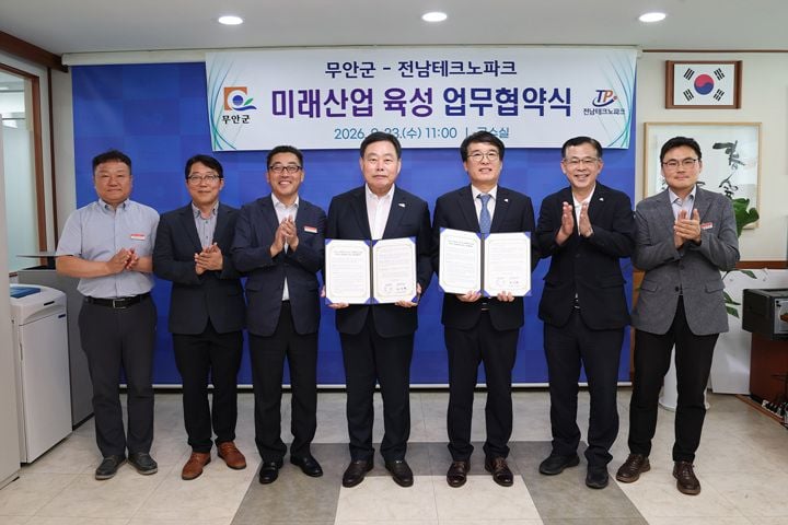무안군이 전남테크노파크와 업무협약을 맺고 항공, AI, 반도체 등 미래 신산업 육성에 나선다. 무안 거점센터 설치를 건의하며 국가산단 앵커기업 유치와 지역경제 활성화를 추진한다.