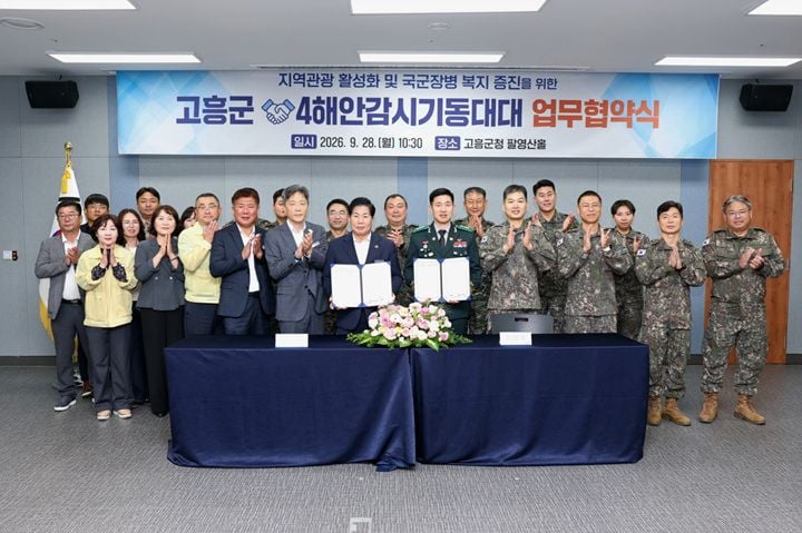 고흥군이 28일 제7391부대 4해안감시기동대대와 상생 협약을 체결했다. 장병 대상 관광지 입장료 면제 및 할인 혜택을 제공하고 재난 시 대민지원에 협력한다.