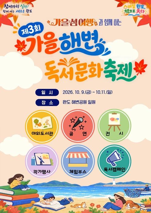 완도군이 10월 9~11일 해변공원에서 ‘제3회 가을 해변 독서 문화 축제’를 연다. 2천여 권의 야외 도서관, AI 동화책 만들기, 인형극·마술쇼 등 다채로운 프로그램이 펼쳐진다.