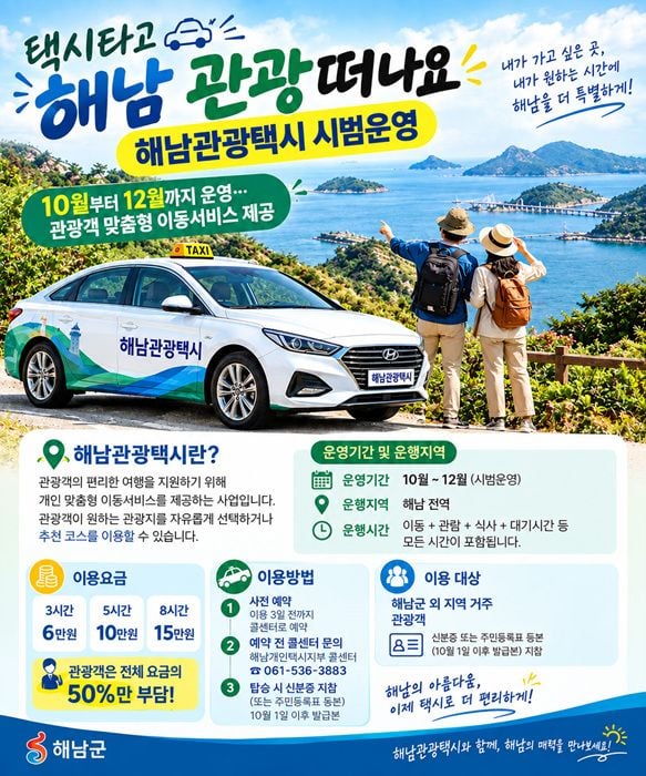 해남군이 10월부터 12월까지 외지 관광객 대상 '해남관광택시'를 시범 운행한다. 반값 요금 혜택을 제공하며 콜센터 사전 예약을 통해 이용 가능하다.