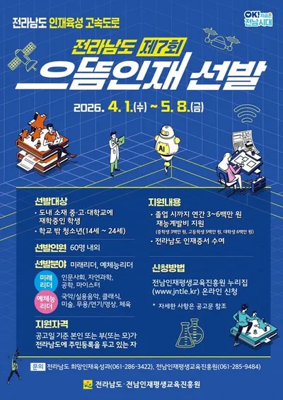 전남도 으뜸인재 선발, 미래리더·예체능 분야 총 60명 모집