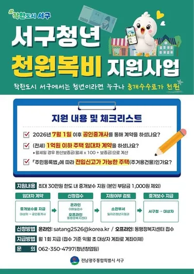 서구 고향사랑기금 활용 ‘청년 천원 복비 지원사업’ 추진