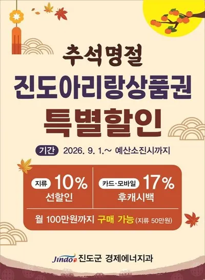 추석맞이 진도아리랑상품권 특별할인…카드·모바일 17% 적립